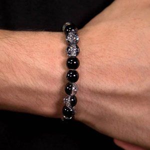 Unisex Black & Clear Crackle Glass Beaded Stretch Bracelet NEW